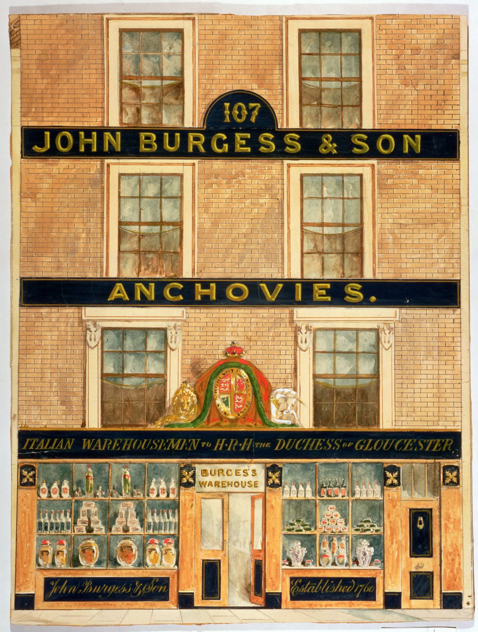 John Burgess & Son, Gloucester hercegnő raktárosainak homlokzata (wc papíron) alkotó: English School