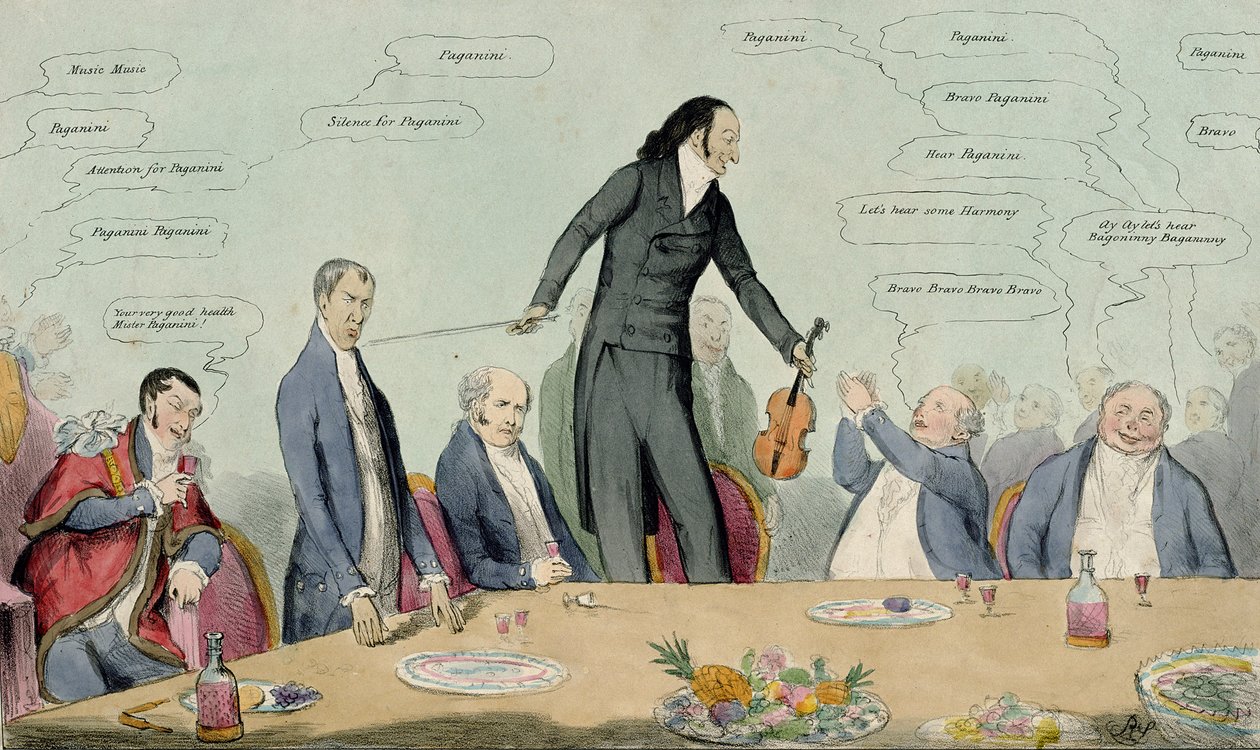Feddlestick versus Broomsticck, Niccolo Paganini karikatúrája, kocsma. Thomas McLean, 1831 (színes rézkarc) alkotó: English School