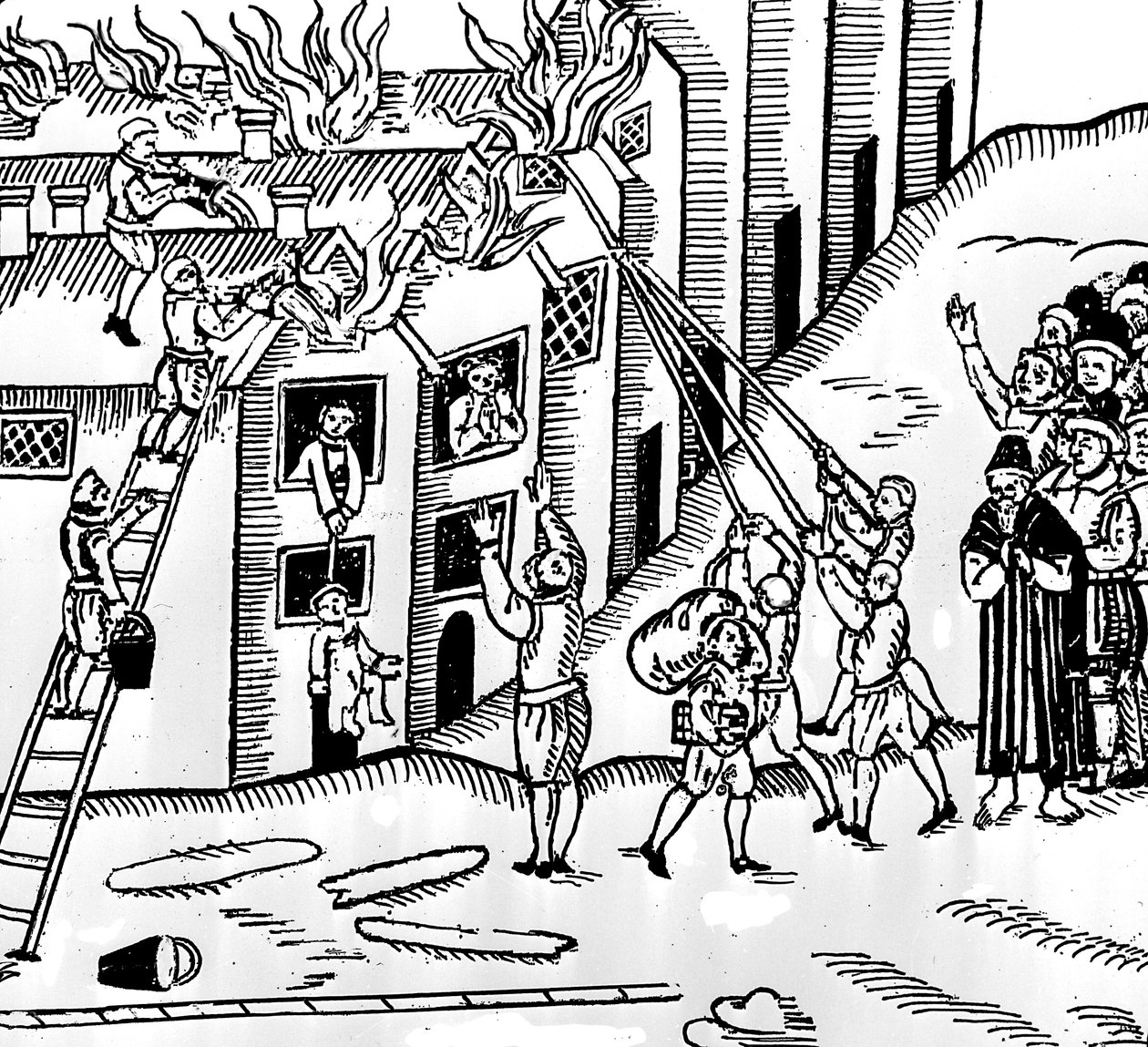 Tűzoltás Tivertonban, Devonban, 1612 alkotó: English School