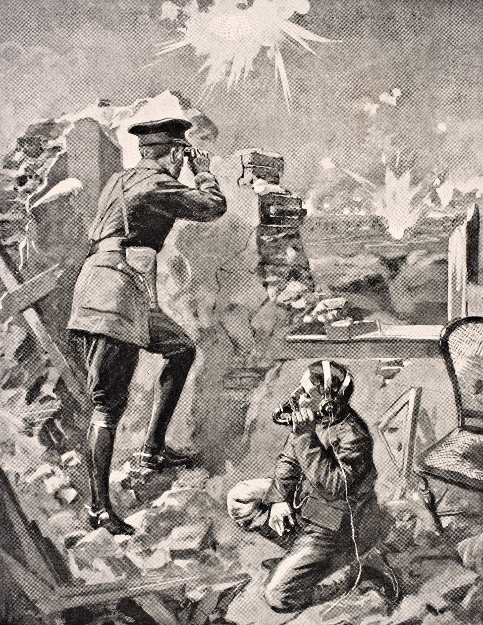 Forward Officer megfigyeli a kúszó tüzérségi lövedék hatását a „The War Illustrated Album deLuxe” című kiadványból, amelyet Londonban adtak ki, 1916 alkotó: English School