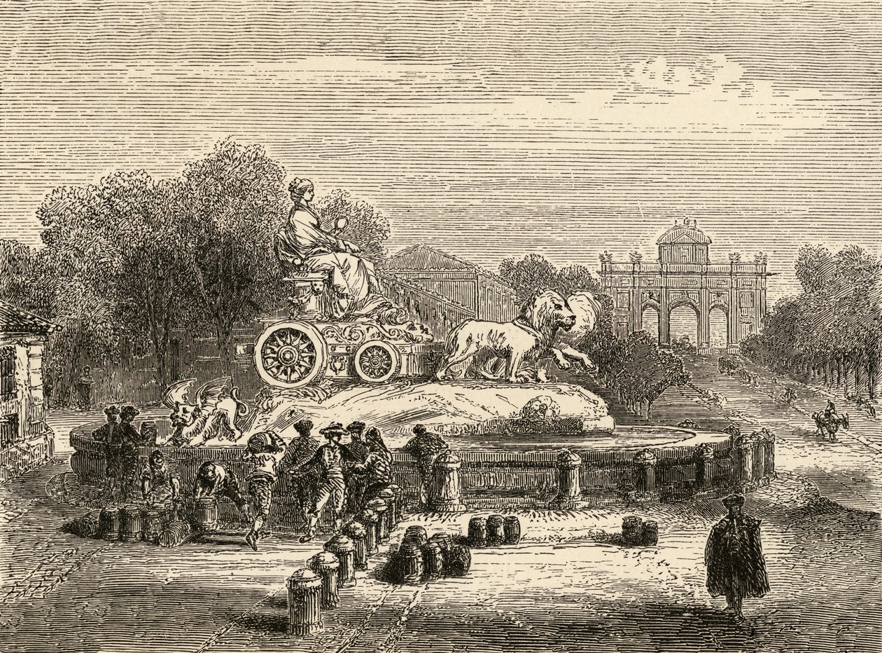 Cibeles szökőkútja, Madrid, Samuel Manning tiszteletes illusztrációja a „Spanish Pictures”-ből alkotó: English School