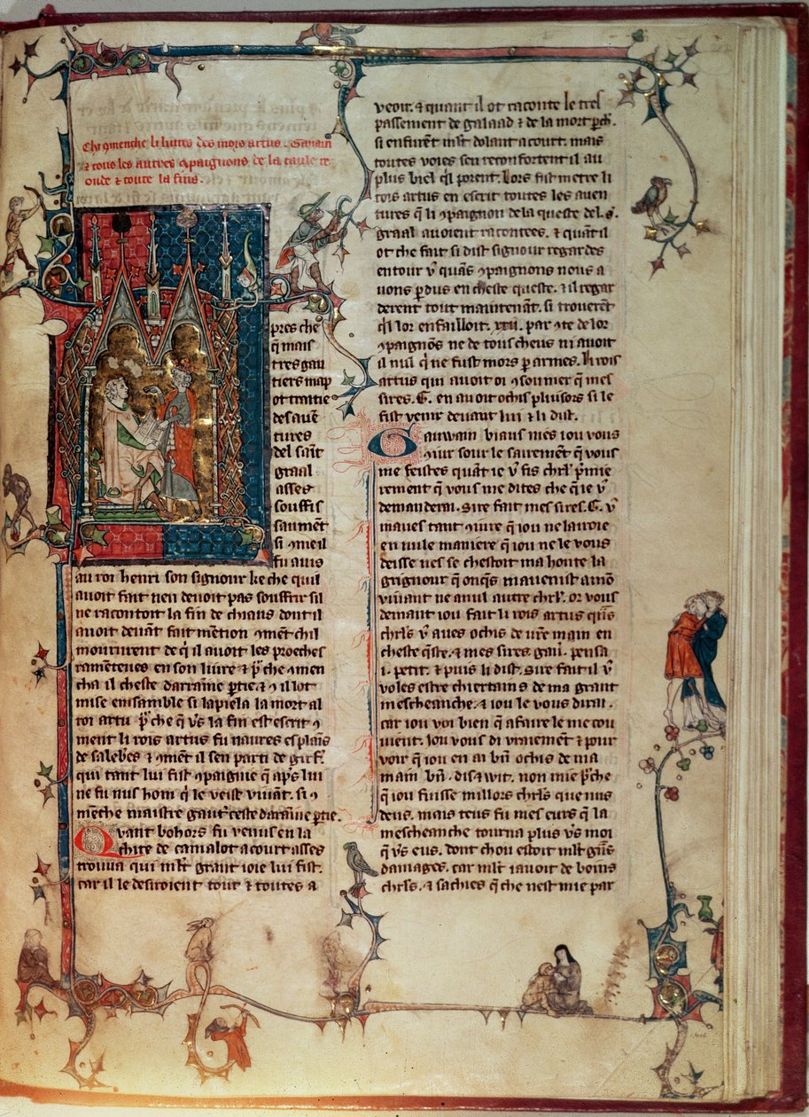 Fr 1 f.82r Vol. I. Walter Map, amely a kerekasztal lovagjainak kalandjainak történetét veszi fel a Szent Grál keresése során, Arthur király diktálása szerint, a manchesteri Artúr római kortól alkotó: English School