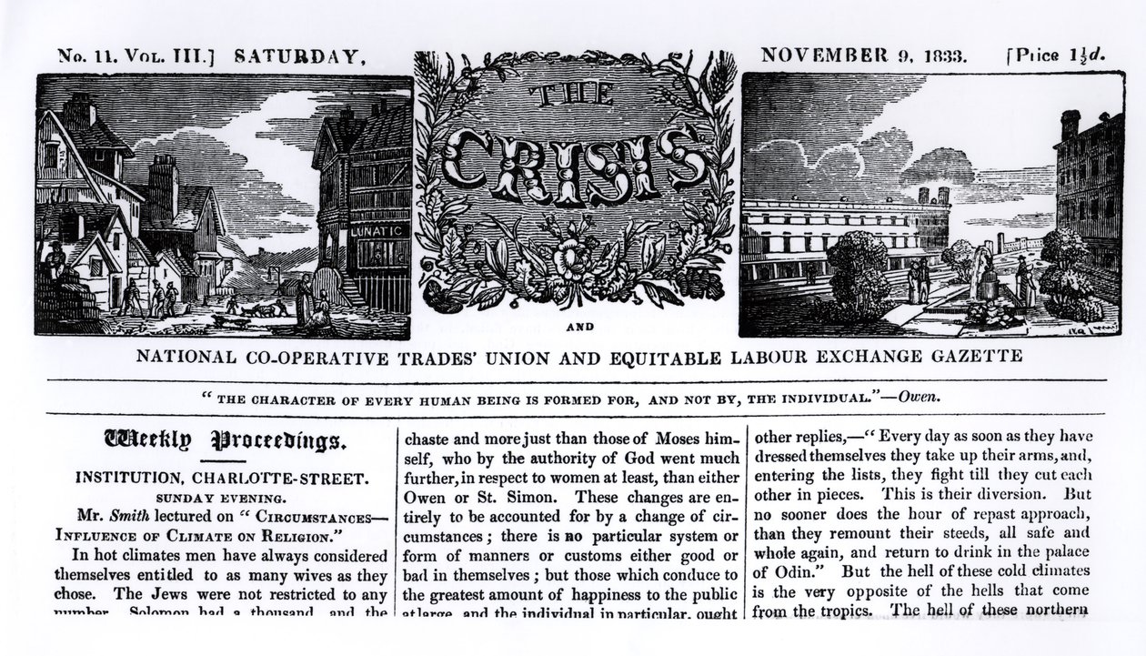Az „Országos Szövetkezeti Szakszervezet és Méltányos Munkaügyi Közlöny” címlapja, 1833. november 9. alkotó: English School