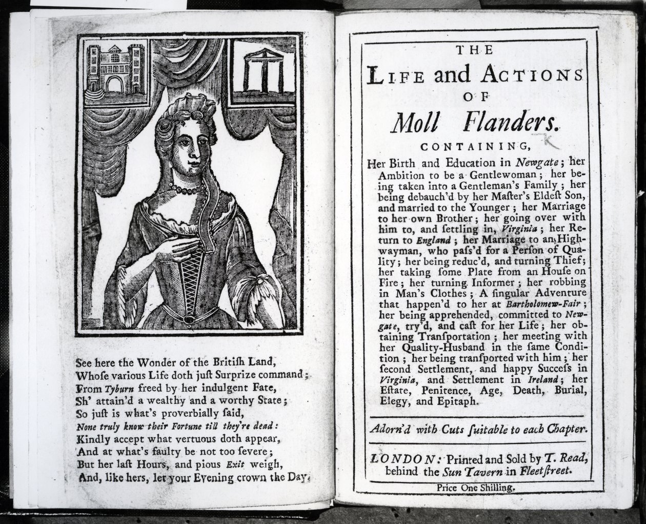 Daniel Defoe 1723-ban megjelent „The Life and Actions of Moll Flanders” címlapja és címlapja alkotó: English School