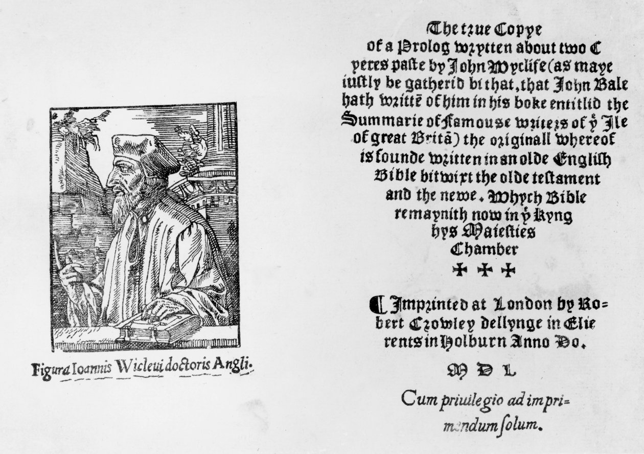 John Wycliffe-et (kb. 1330-84) ábrázoló „A Nagy-Britannia szigetének híres íróinak összefoglalója” előlapja, 1550 alkotó: English School
