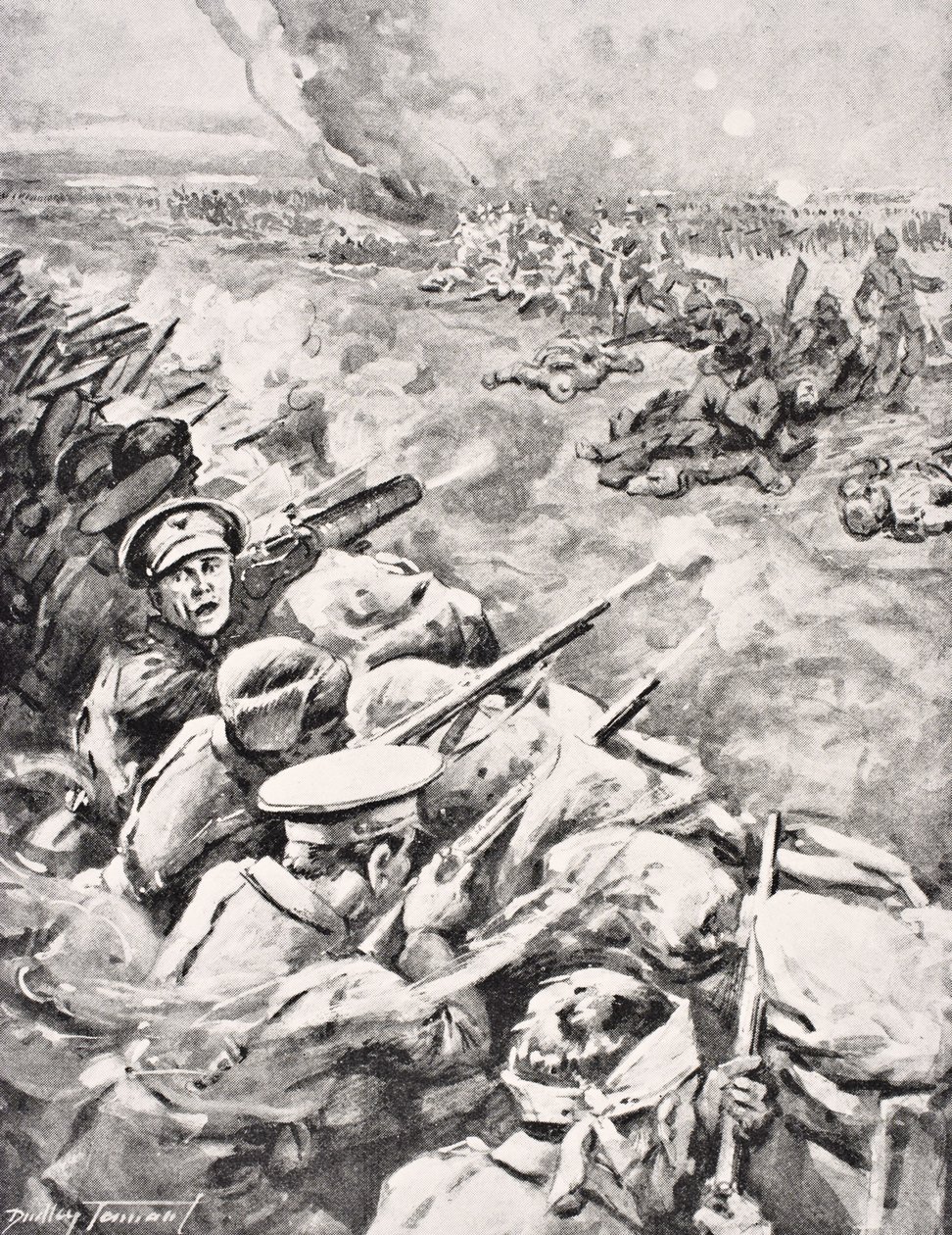 Német csapatok támadást indítottak brit lövészárkok ellen, 1915, a „The War Illustrated Album de Luxe”, 1916-ban Londonban. alkotó: English School