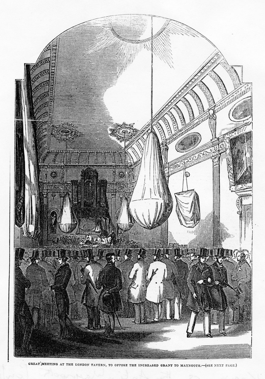Nagyszerű találkozó a londoni tavernában, amely az 1840-es évek körüli Maynoothnak nyújtott megnövelt támogatás ellen szólt. alkotó: English School