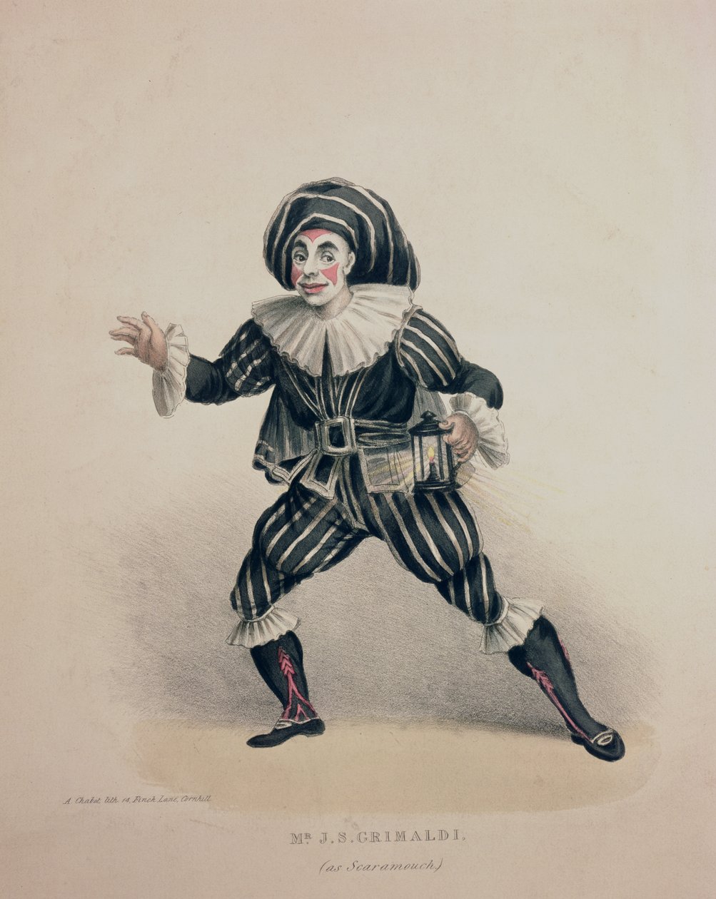Grimaldi mint Scaramouche, a Commedia dellArte-ból, metszett A. Chabot, 19. század (kézzel színezett metszet) alkotó: English School