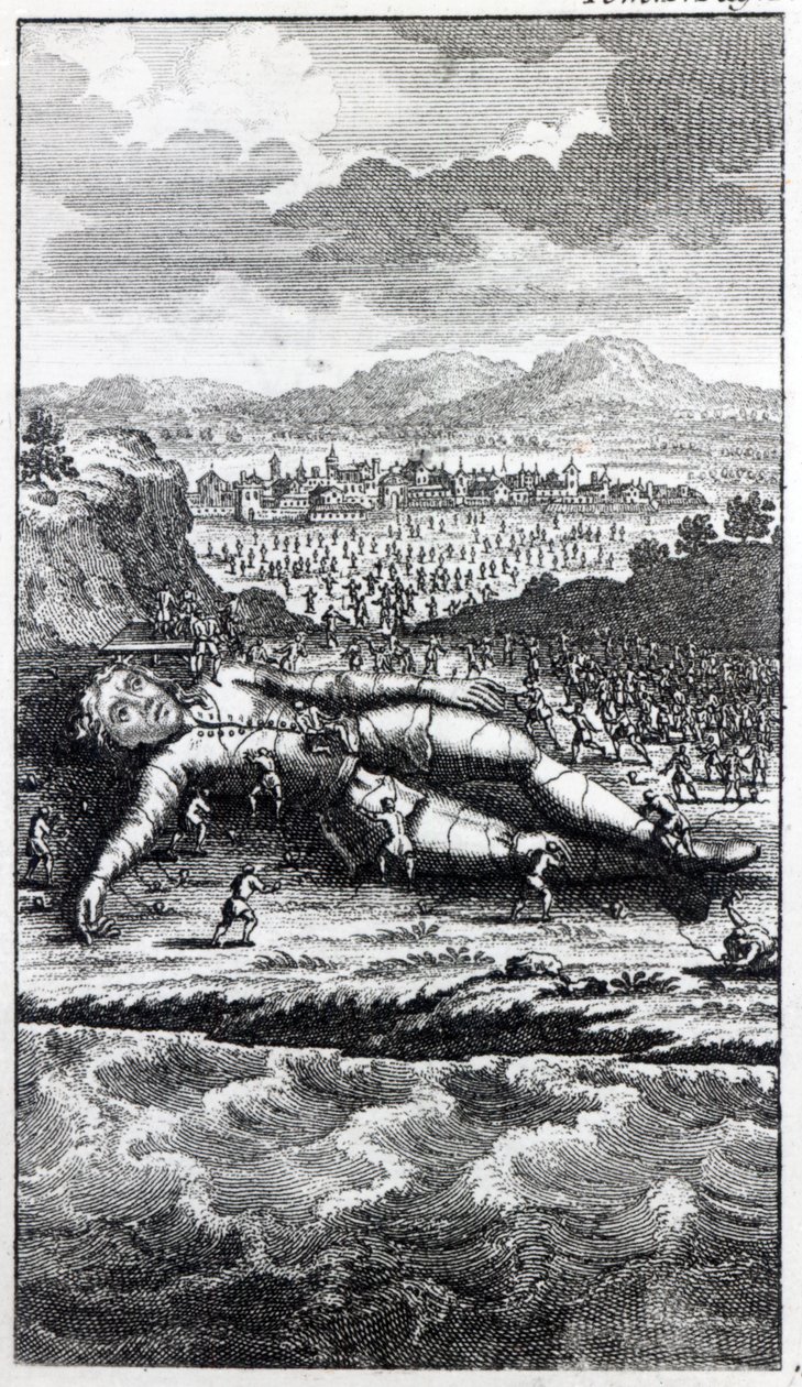 Gullivert elfogták a liliputiak, illusztrációja Jonathan Swift „Gulliver utazásai” című könyvéből alkotó: English School