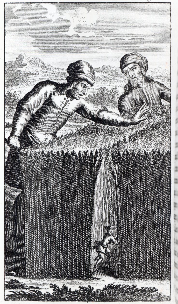 Gullivert egy brobdingnagi farmer fedezte fel, illusztrációja Jonathan Swift „Gulliver utazásai” című művéből. alkotó: English School