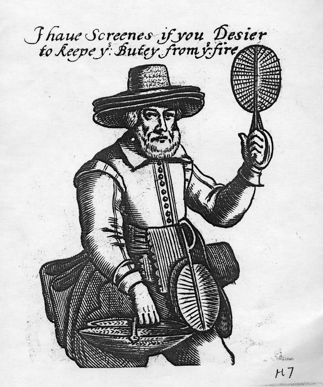 "Vannak képernyőim, ha azt akarod, hogy megóvd a butydat a tűztől", tűzszűrő eladó, 1680 körül alkotó: English School