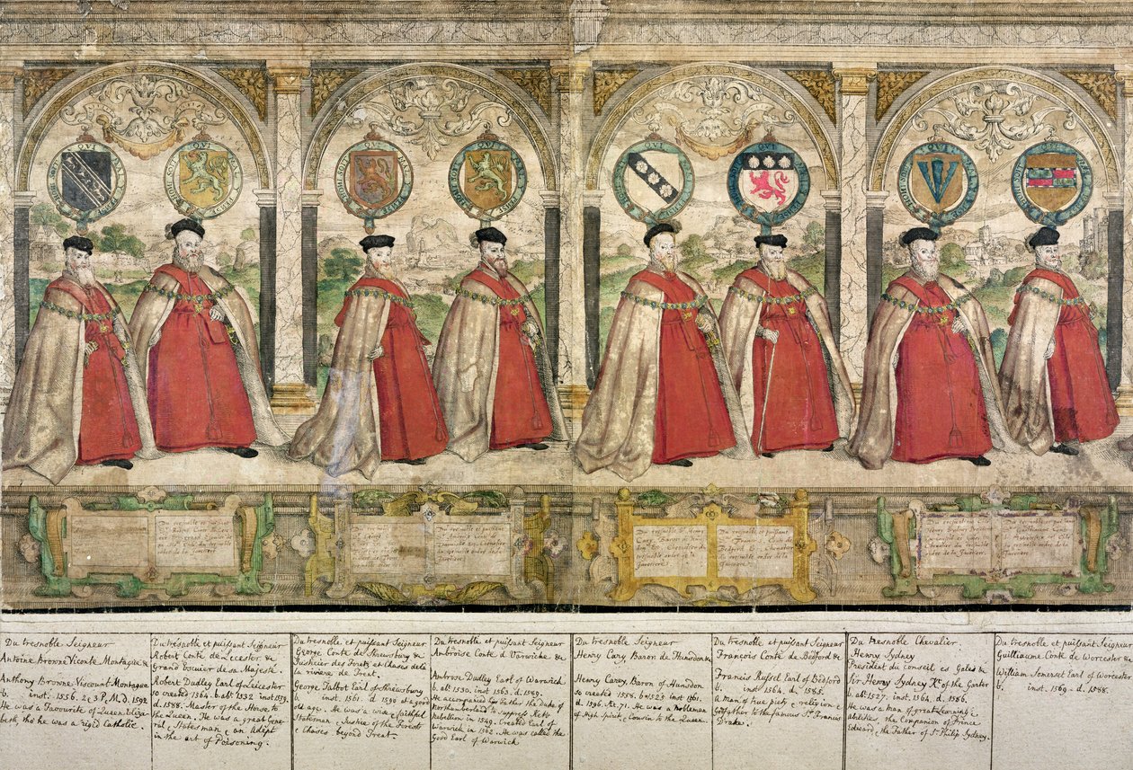 A harisnyakötő lovagjainak képzeletbeli összetett körmenete Windsorban, vésette Marcus Gheeraerts idősebb (1521-86) 1576 (színes rézkarc) alkotó: English School