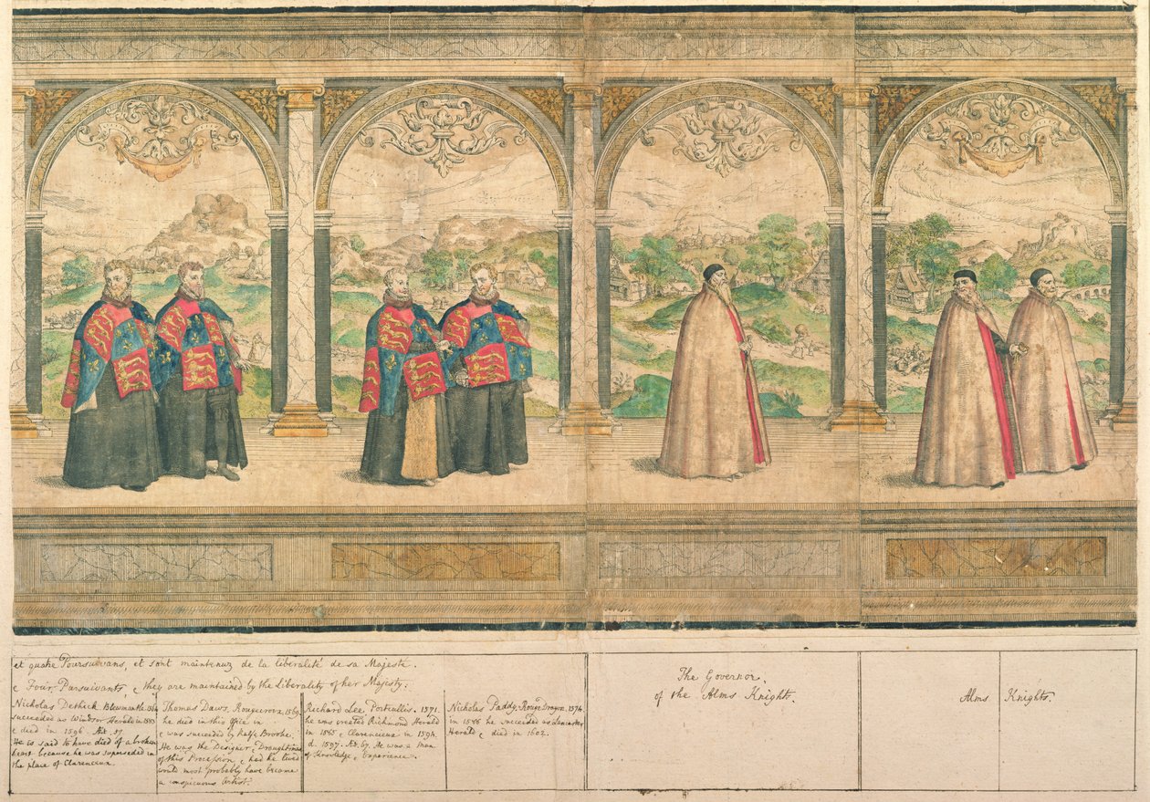 A harisnyakötő lovagjainak képzeletbeli összetett körmenete Windsorban, vésette Marcus Gheeraerts idősebb (1521-86) 1576 (színes rézkarc) alkotó: English School