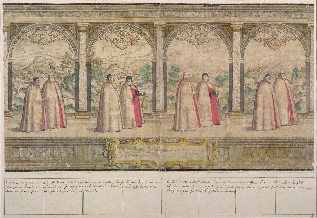 A harisnyakötő rend képzeletbeli összetett körmenete Windsorban, Marcus Gheeraerts idősebb (1521-86) metszetében 1576 (színes rézkarc) alkotó: English School