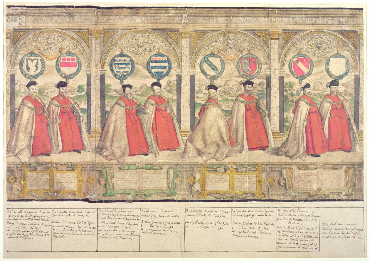 A Harisnyakötő Rend képzeletbeli összetett körmenete Windsorban, Marcus Gheeraerts idősebb vésette 1576-ban (színes rézkarc) alkotó: English School
