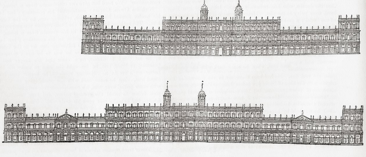Inigo Jones 1638-as terve egy új palotára Whitehallban, Westminsterben, Angliában, Ó-Angliából: Képi Múzeum, kocsma. 1847 alkotó: English School