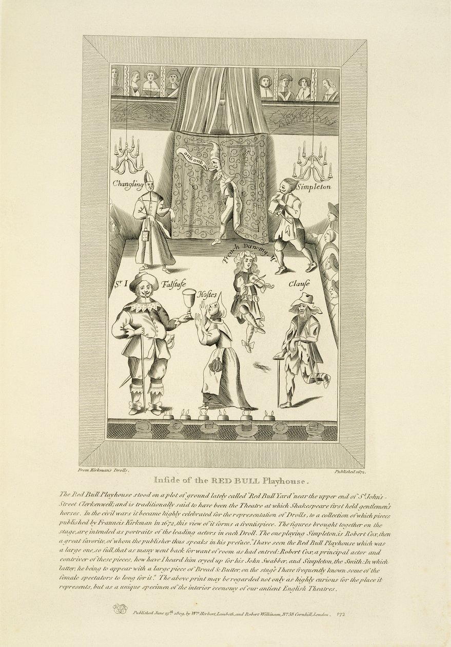 A Red Bull Playhouse belsejében, Francis Kirkman első kocsmája droll-gyűjteményének homlokzata. 1672-ben, kocsma. William Herbert és Robert Wilkinson, 1809 alkotó: English School
