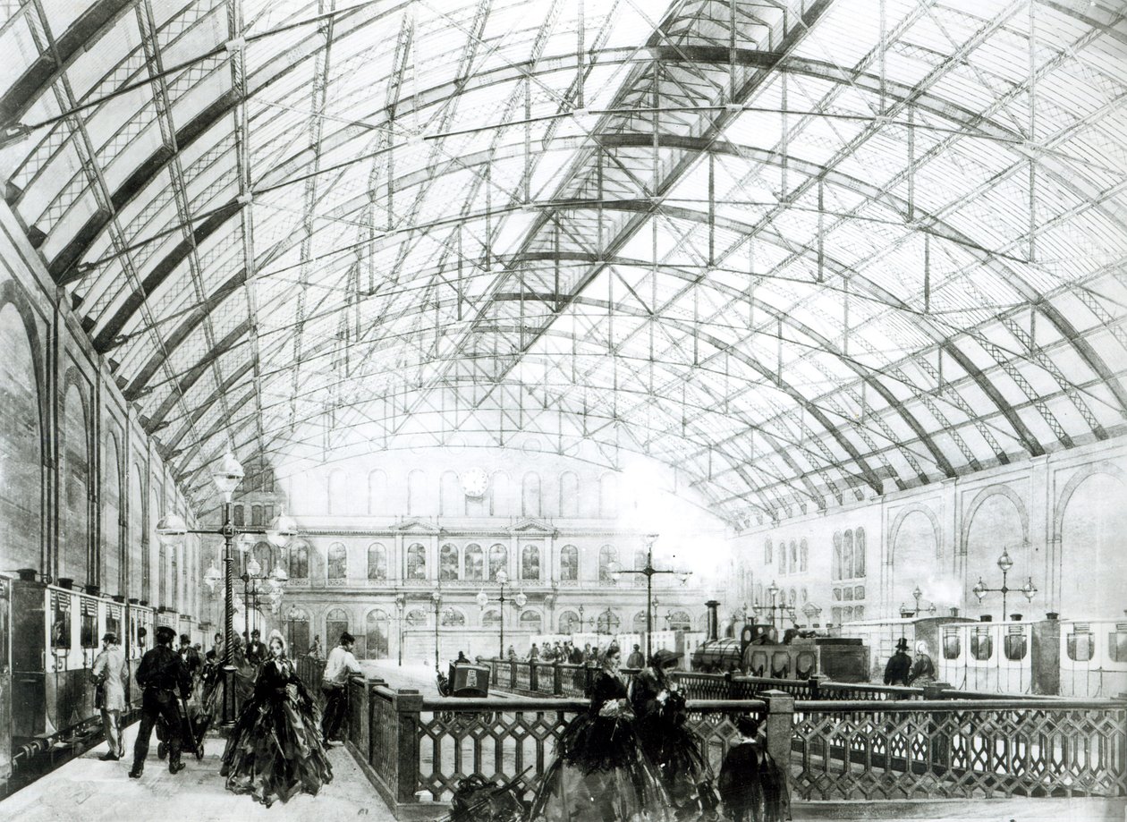 Charing Cross állomás belseje, a Kell Brothers metszete, 1864 körül alkotó: English School