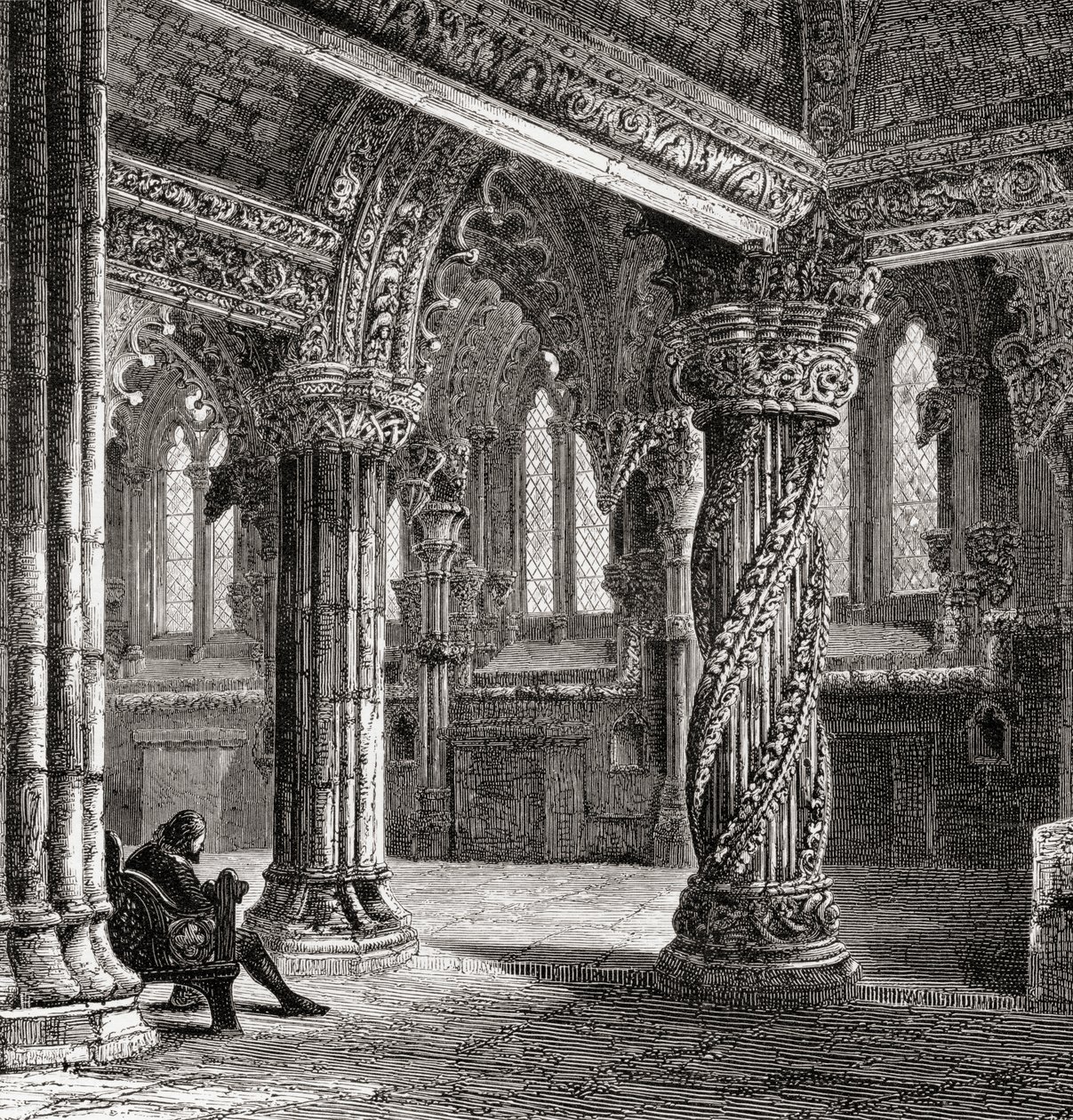 A Roslin-kápolna belseje a tanítványoszloppal, Samuel G. Green 1886-ban megjelent „Skót tollal és ceruzával rajzolt képek” című művéből alkotó: English School