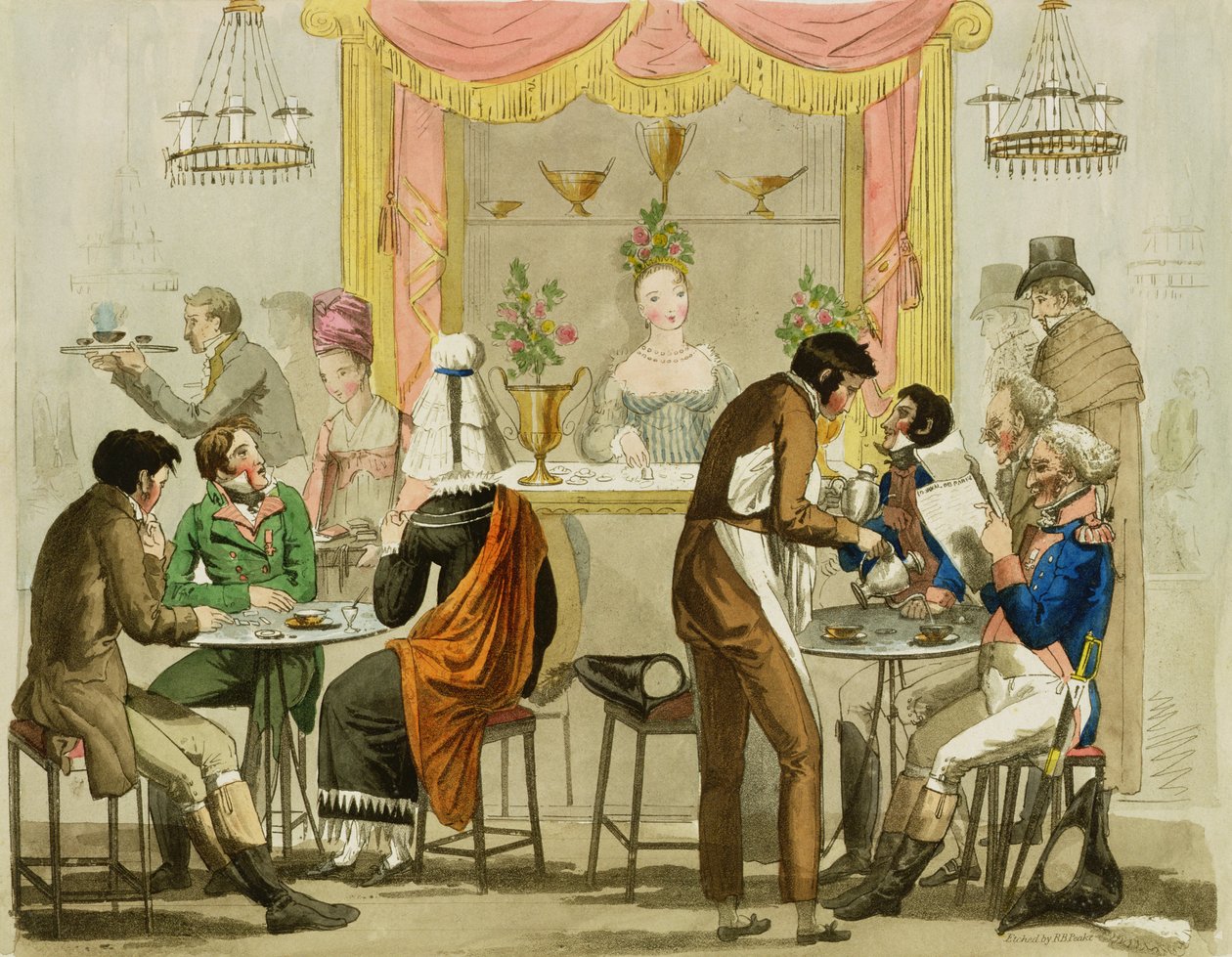 Kávéház, pub belseje. William Pearman Library, 1819, (színes rézkarc) alkotó: English School