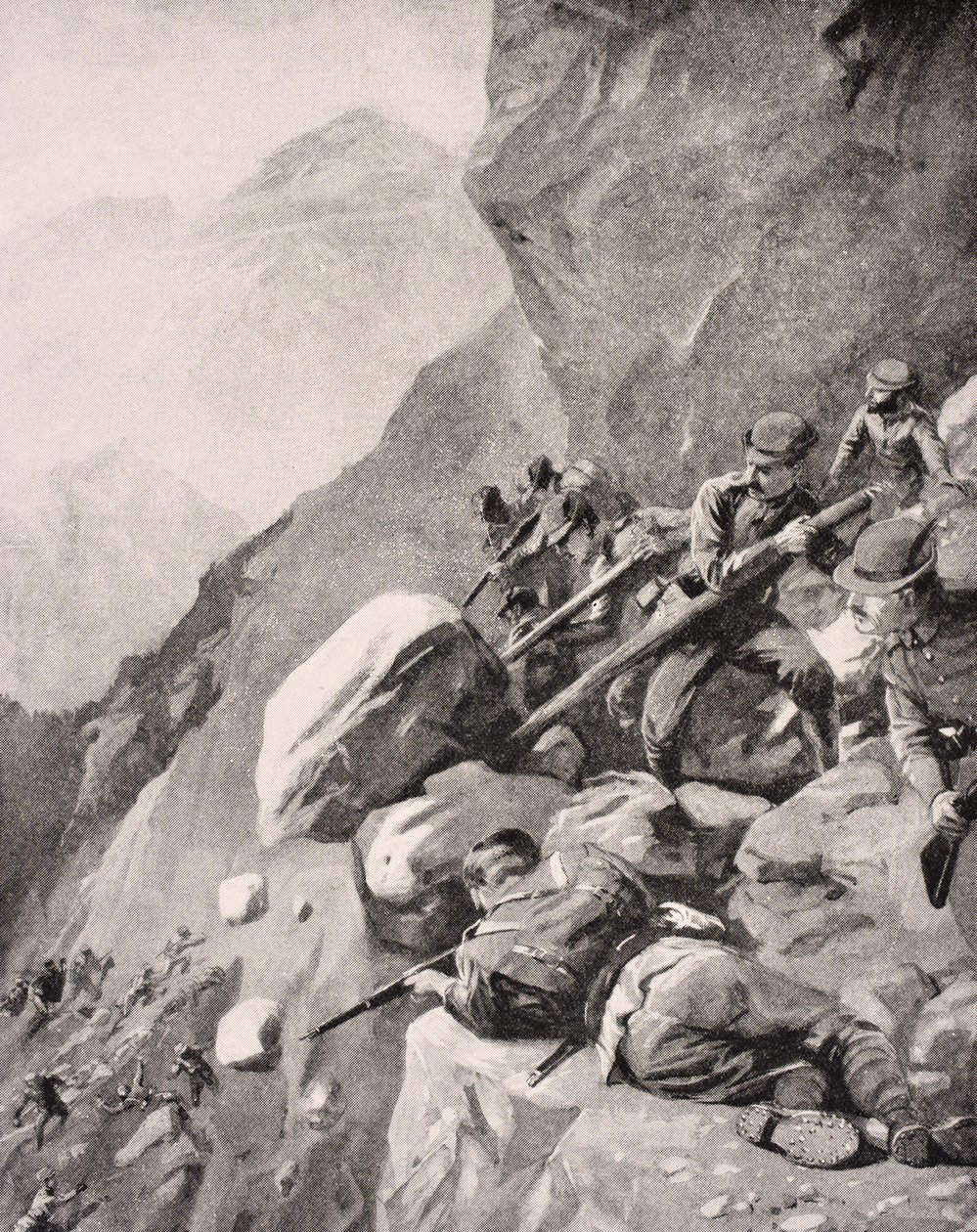 Olasz csapatok sziklákat emelnek le az ellenséges katonákra a Dolomitokban, 1915, az 1916-ban Londonban megjelent „The War Illustrated Album deLuxe” alkotó: English School