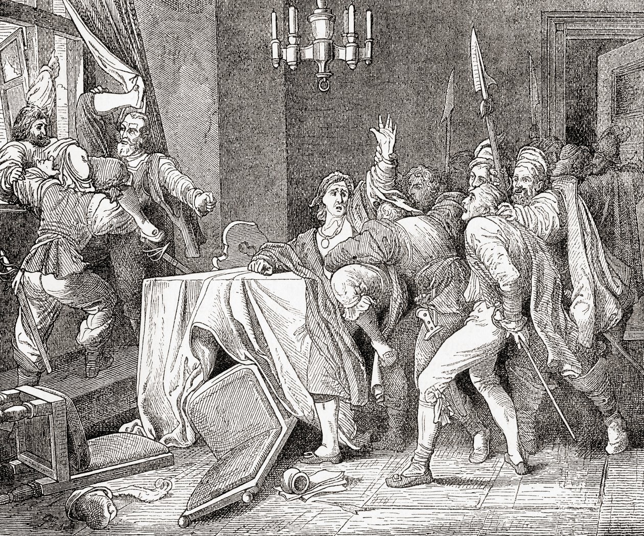 Jaroslav Brita Martinice-ből és Vilem Slavata Chlumból kidobták a prágai palota ablakából Prága 1618-as megvédésekor, Ward and Locks Illustrated History of the Wo-ból alkotó: English School