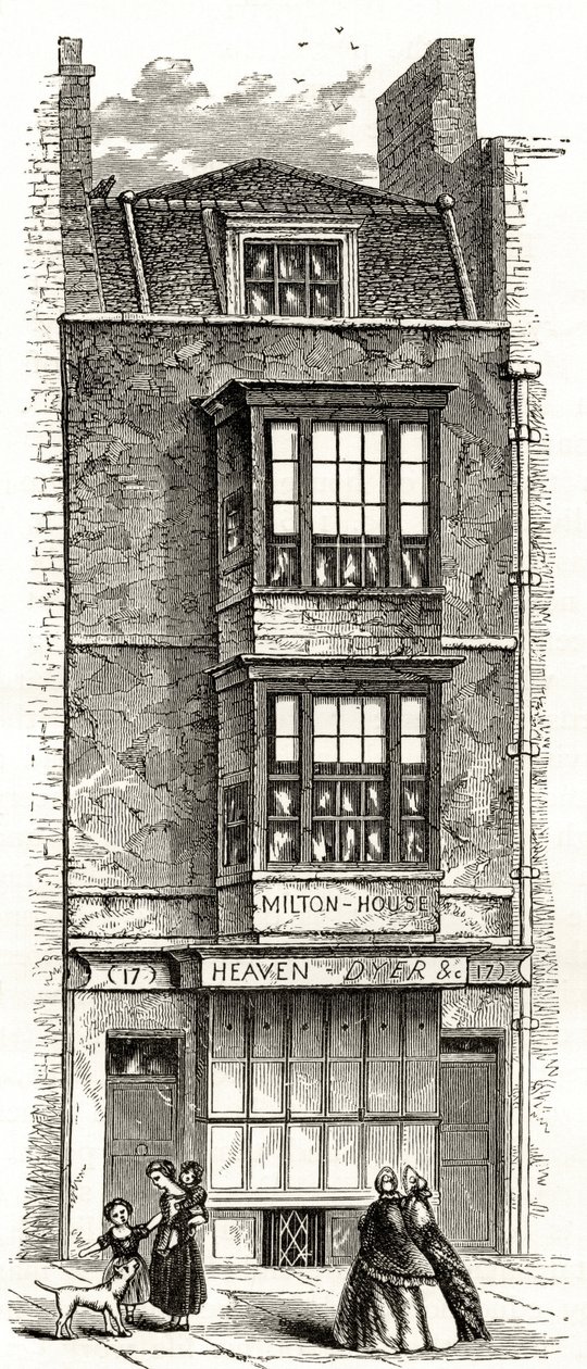 John Milton háza a Barbakánban, Richard Lovett tiszteletes „London Pictures: Drawn with Pencil” című művéből, 1890. alkotó: English School