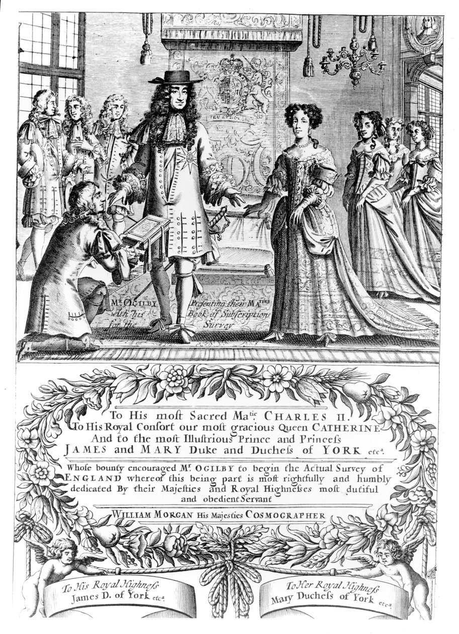 John Ogilby bemutatja a „Britannia” előfizetési listáját a királynak és a királynőnek, részlet Morgan 1682-es londoni térképéről alkotó: English School