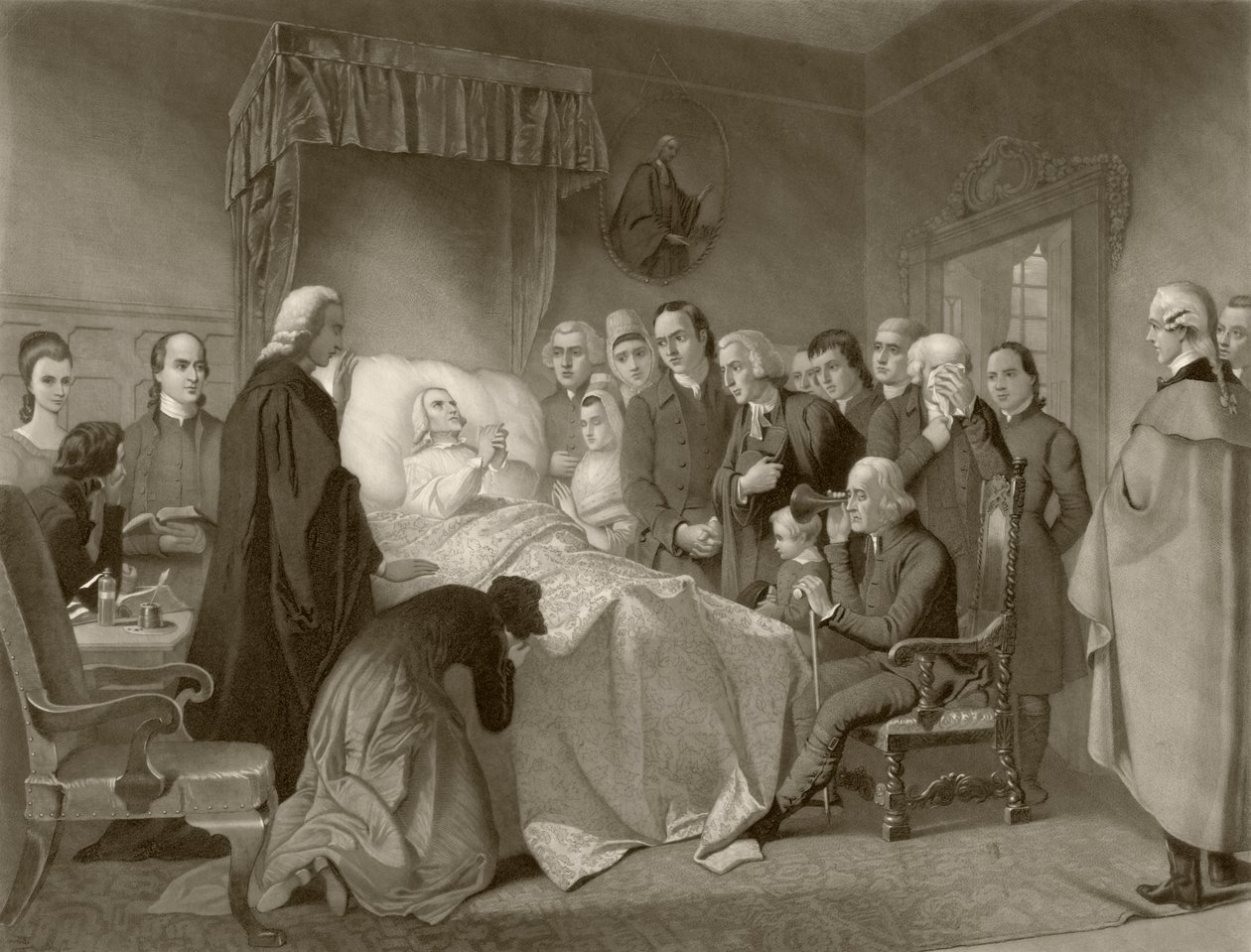 John Wesley a halálos ágyán, egy 19. századi alkotás után, amelyet John Sartain metszett alkotó: English School
