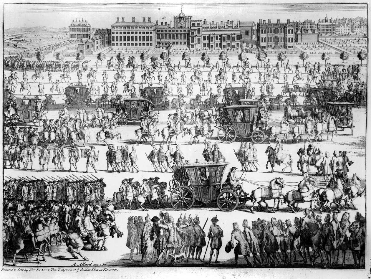 I. György király körmenete a Szent Jakab-palotába, 1714. szeptember 20., metszet: Abraham Allard alkotó: English School