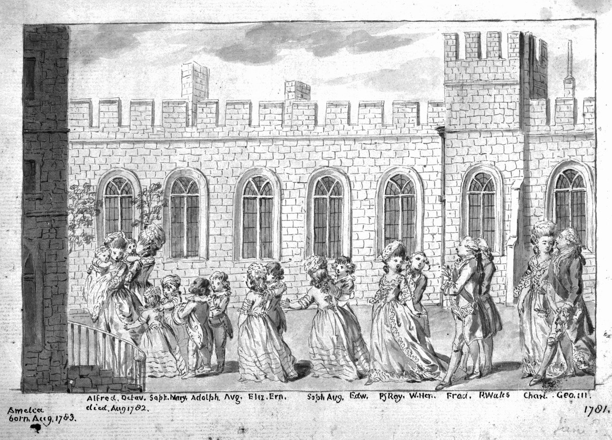 III. György király és Charlotte királyné körmenetben sétál tizennégy gyermekével, 1781 (toll és mosás papíron) alkotó: English School