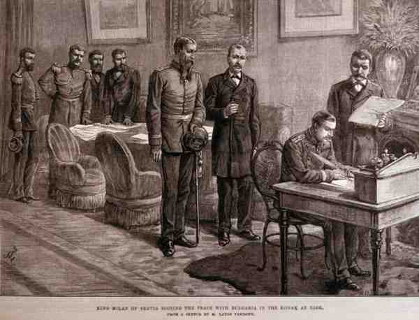 Milán szerviai király békét ír alá Bulgáriával a nishi Konakban, a The Illustrated London Newsból, 1886. március 4. alkotó: English School