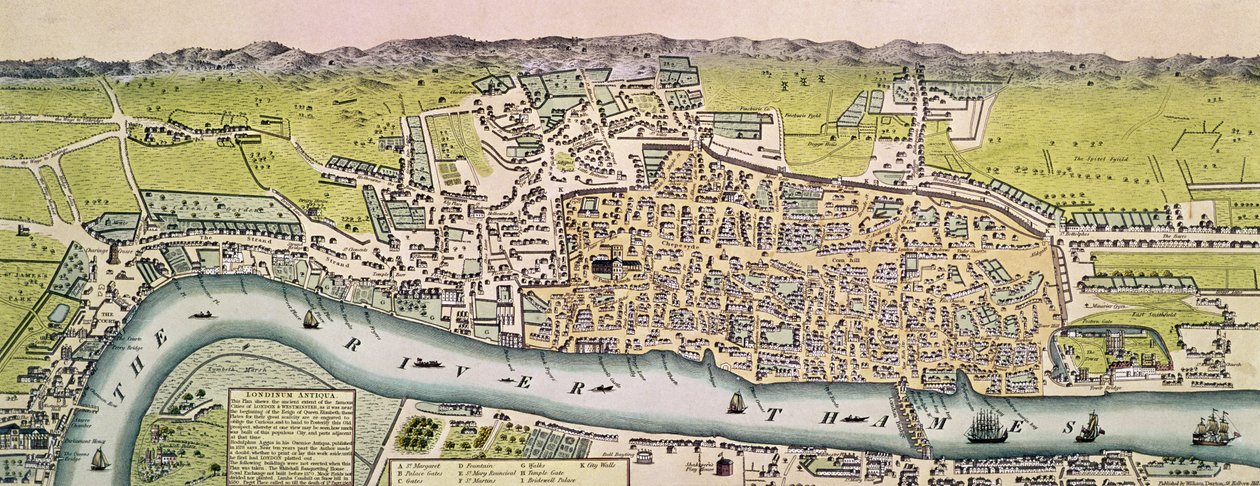 Londinium Antiqua, London térképe, pub. William Darton, 1563 (kézzel színezett metszet) alkotó: English School