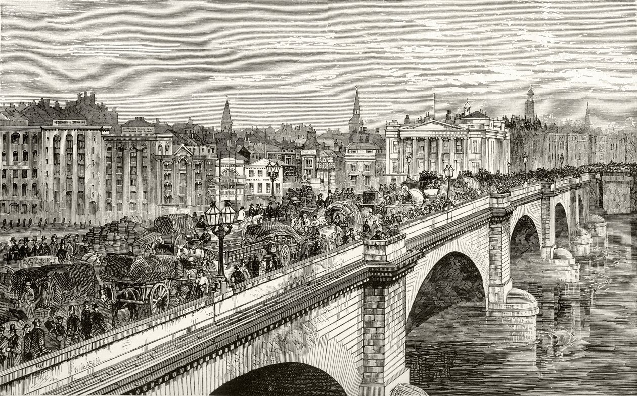 A London Bridge a XIX. században, Richard Lovett tiszteletes „London Pictures: Drawn with Pencil” című művéből, 1890. alkotó: English School