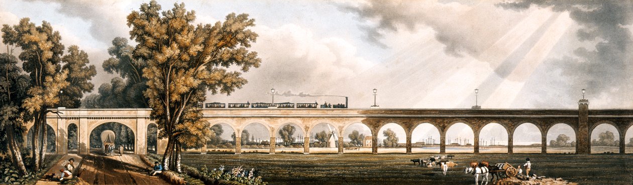 A London-Greenwich vasútvonal a viaduktot mutatja, George Landman tervezte alkotó: English School