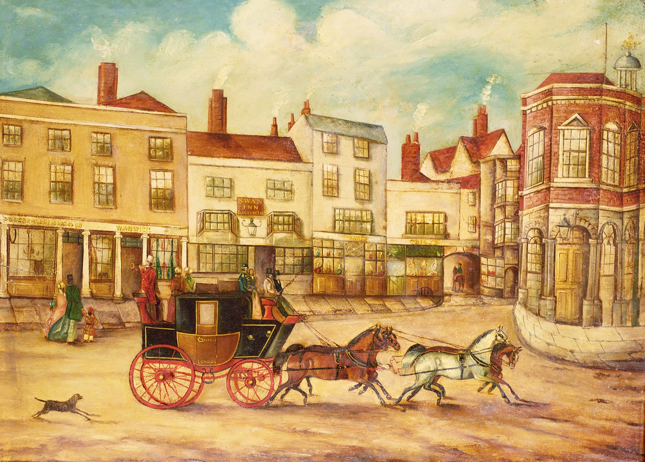 Londonból Maidstone Stage-be a Swan Inn és a városháza mellett elhaladó autóbusz alkotó: English School