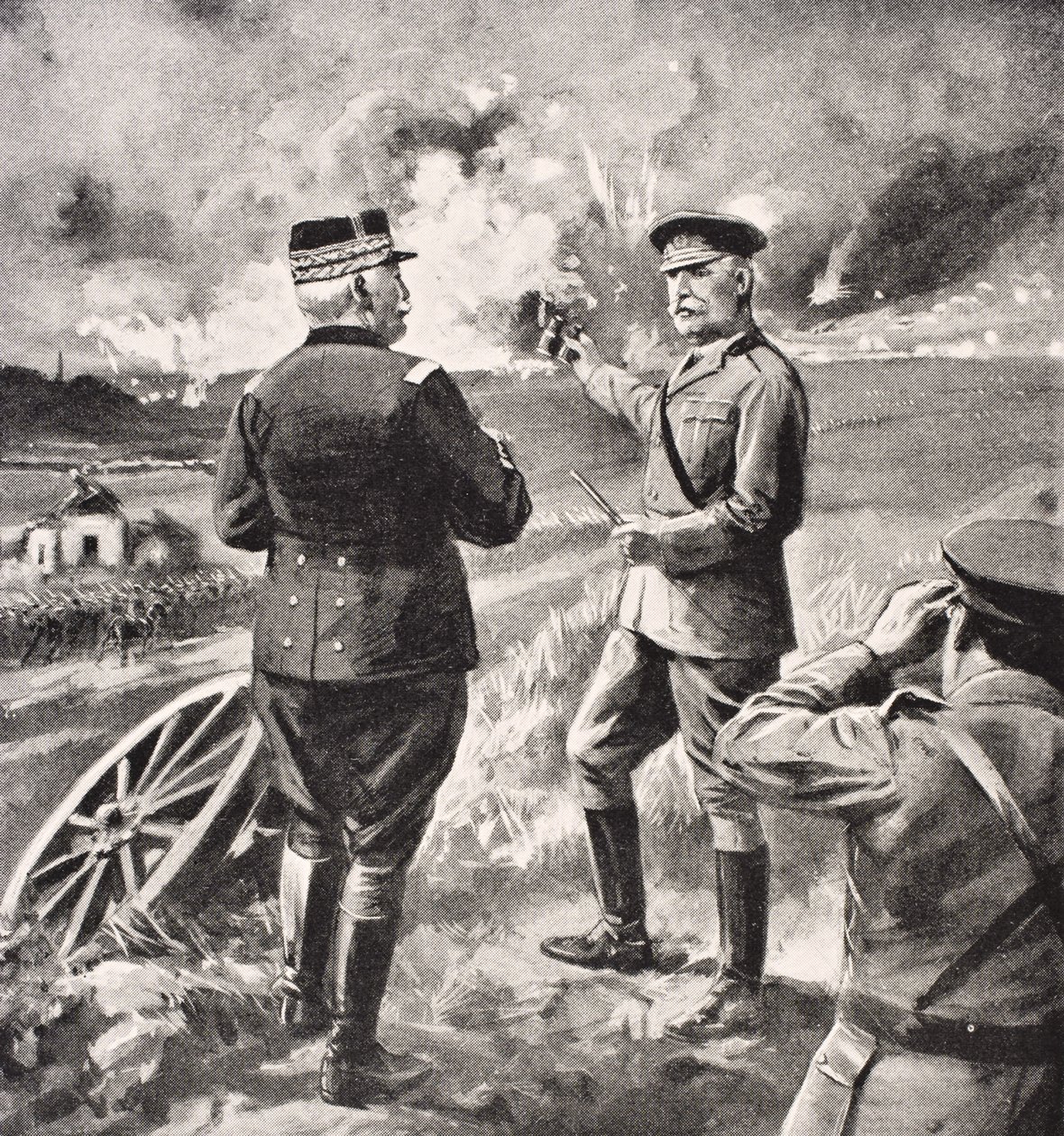 Lord Kitchener és Joffre tábornok a nyugati fronton, 1915, a „The War Illustrated Album deLuxe”-ból, 1916-ban Londonban alkotó: English School