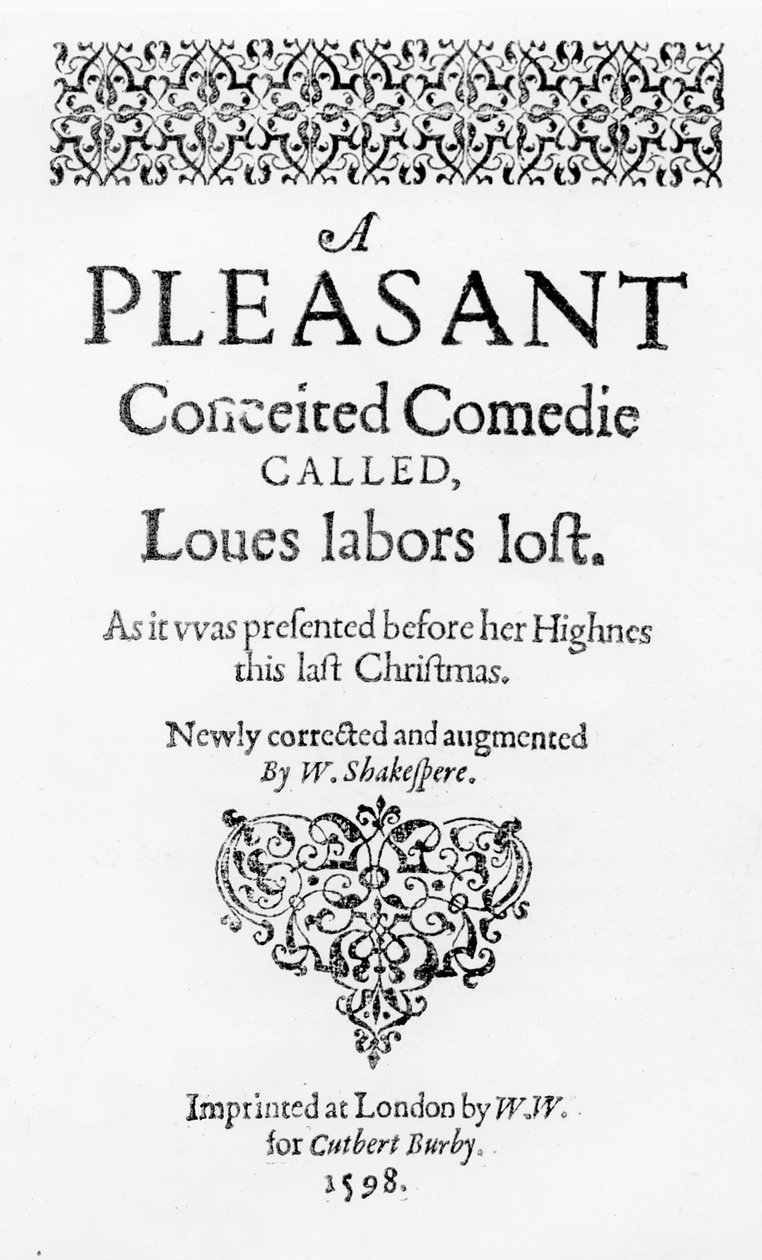 „Loves Labors Lost”, az első kiadás előlapja, Cuthbert Burby által Londonban nyomtatva, 1598 alkotó: English School