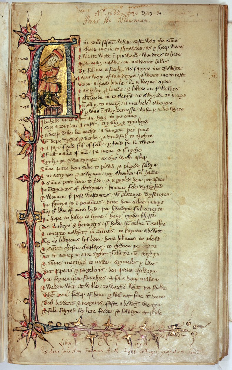 MS CCC 201 f.1 Szövegoldal történetírásos kezdőbetűvel, amely az álmodót ábrázolja, a Piers Plowmantől, William Langland alkotó: English School