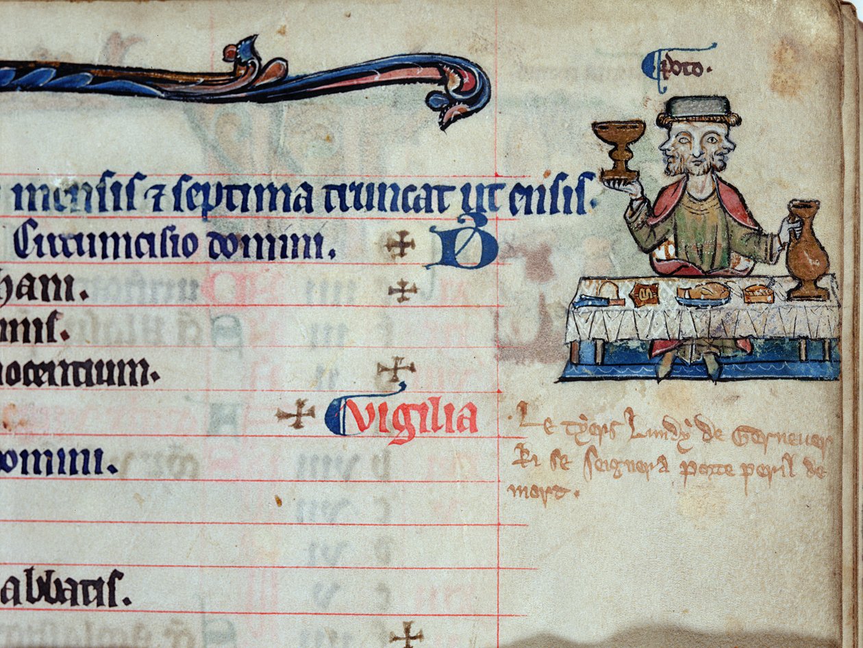 MS CCC 285 f.3 Egy háromfejű férfi iszik, januári illusztráció egy zsoltár kalendáriumában, 1250-75 körül alkotó: English School