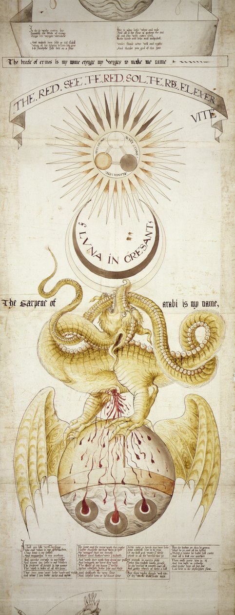 MS.276 Emblematikus diagram a Filozófusok Köve előállításához, 4. jelenet, a Ripley-tekercsekből (tinta vászonra ragasztott papíron) alkotó: English School