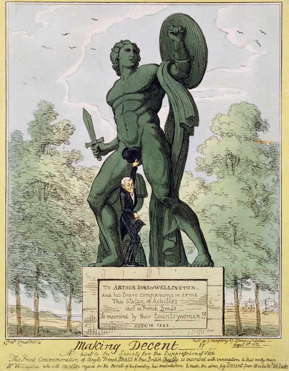 Tisztességes alkotás, rajzfilm, amelyben William Wilberforce (1759-1833) takarja el Achilles szobrát a Hyde Park Cornerben, Richard Westmacott (1775-1856), pub. 1822 alkotó: English School