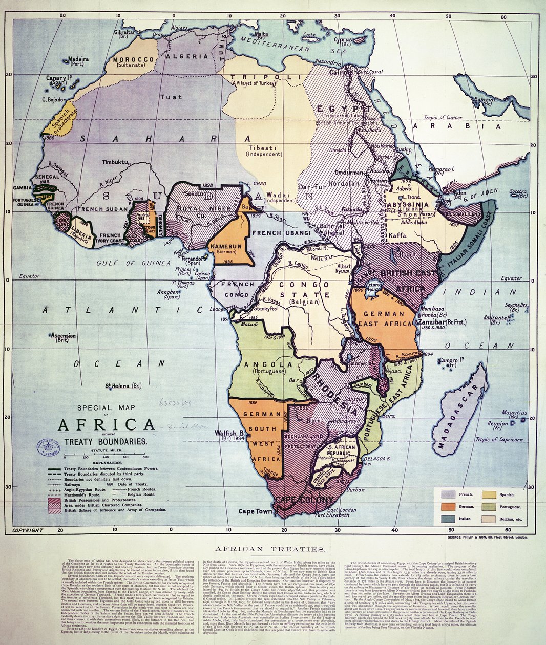 Afrika térképe, amely a Szerződés határait mutatja, 1891 (színes litográfia) alkotó: English School
