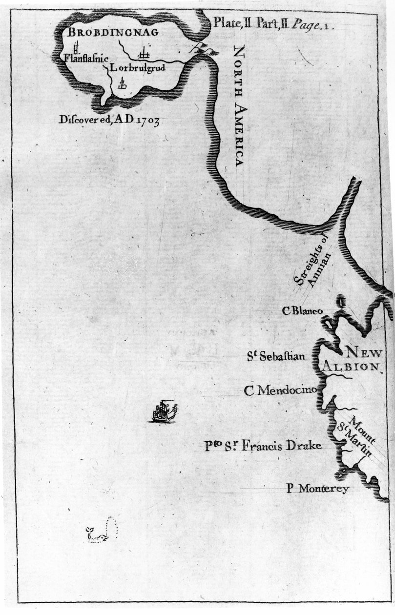 Brobdingnag térképe, illusztrációja Jonathan Swift „Gulliver utazásai” első kiadásából, 1726 (nyomtatott) alkotó: English School