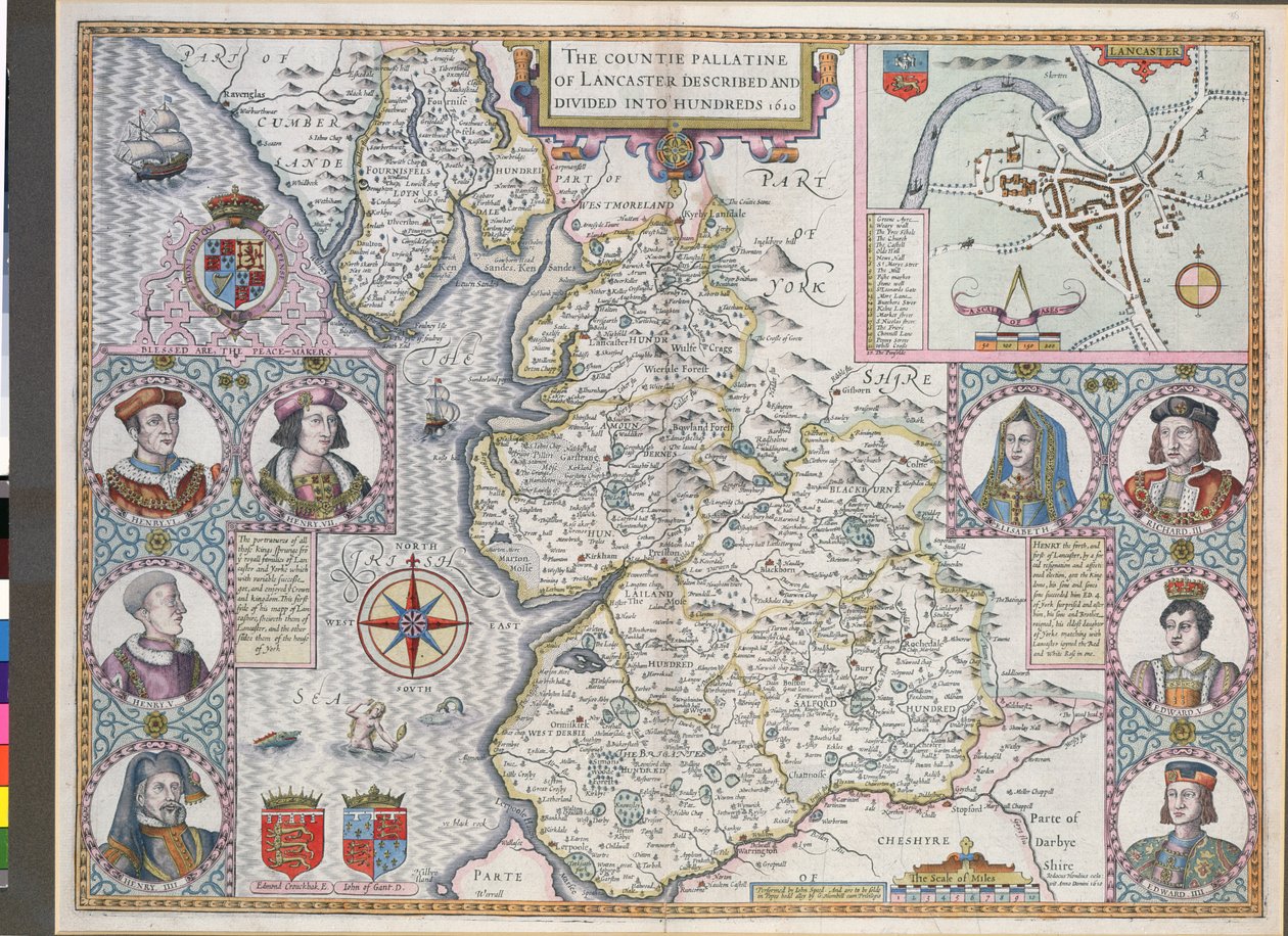 Lancaster százakra osztott térképe, 1610 (színes metszet) alkotó: English School