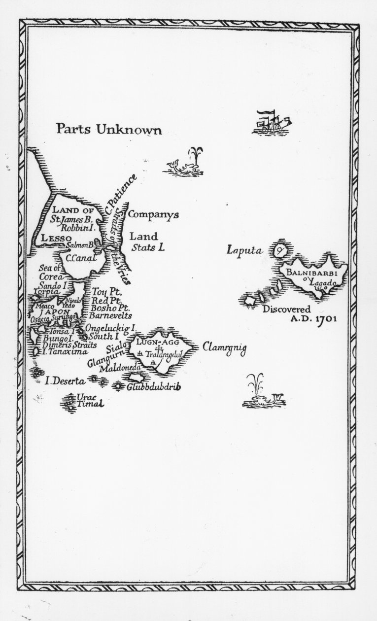Laputa, Balnibari, Luggnagg, Glubbdubdrib és Japán térképe, illusztráció Jonathan Swift "Gulliver utazásai" című művének első kiadásából, 1726 (nyomtatás). alkotó: English School