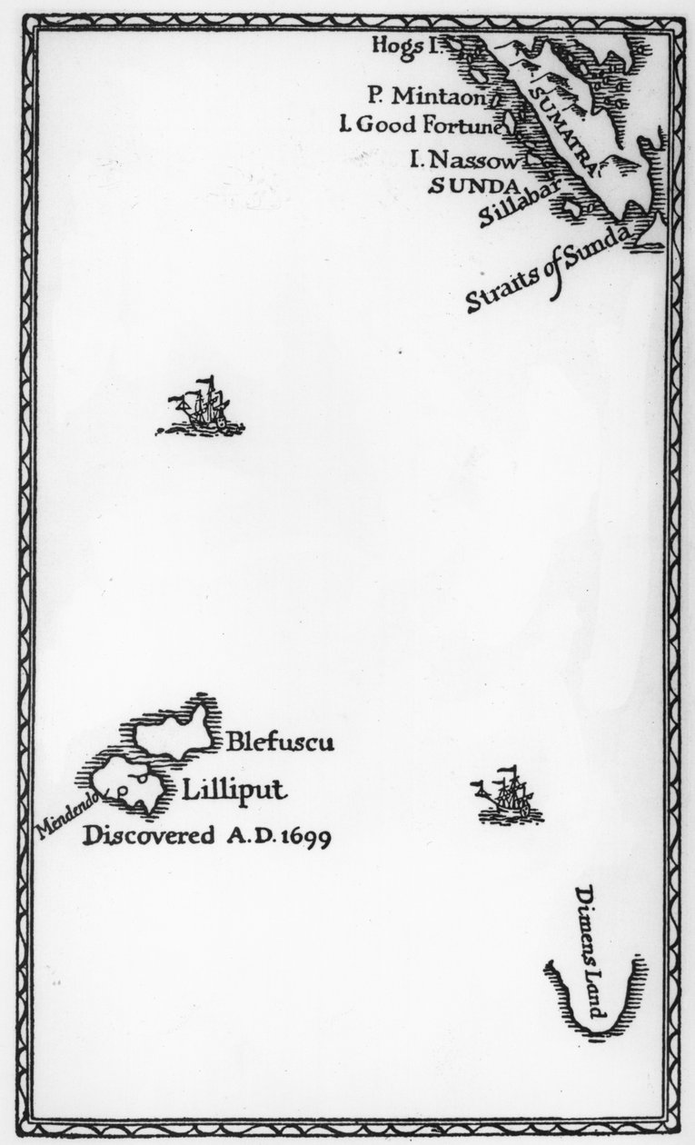 Lilliput és Blefuscu térképe, Jonathan Swift „Gulliver utazásai” első kiadásából, 1726 (nyomtatott) alkotó: English School