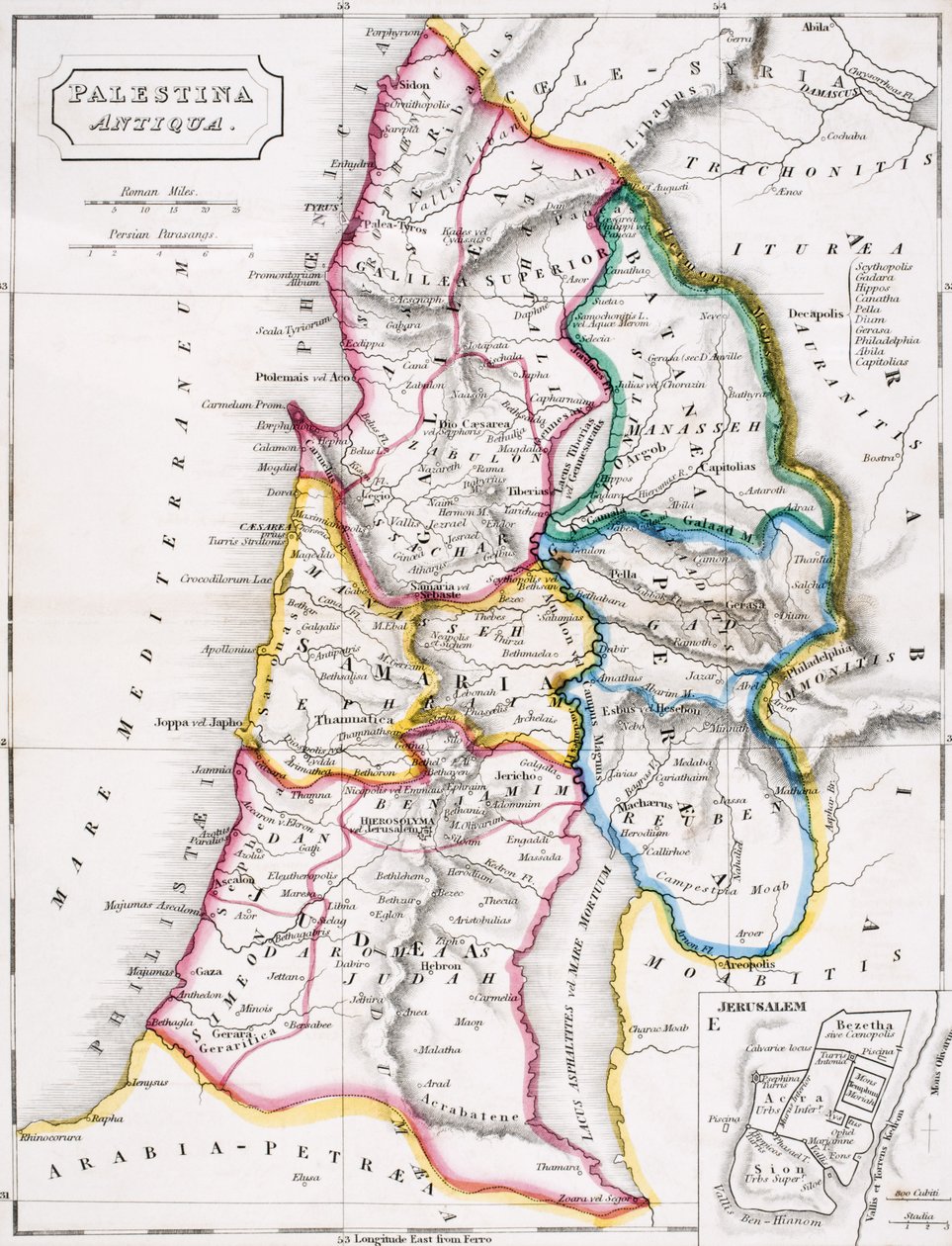Palesztina térképe, Palestina Antiqua, Samuel Butler „Az ókori földrajz atlasza” című művéből, Londonban, 1829 körül alkotó: English School