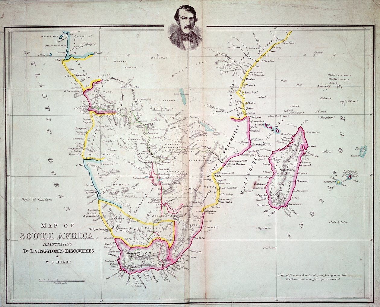 Dél-Afrika térképe, amely Dr. Livingstone felfedezéseit illusztrálja alkotó: English School