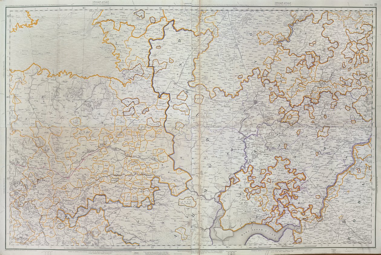 India Gujarat államának térképe, amelyet J.T. ezredes irányításával tettek közzé. Walker, C.B., R.E., F.R.S., India főfelmérője, 1879 alkotó: English School